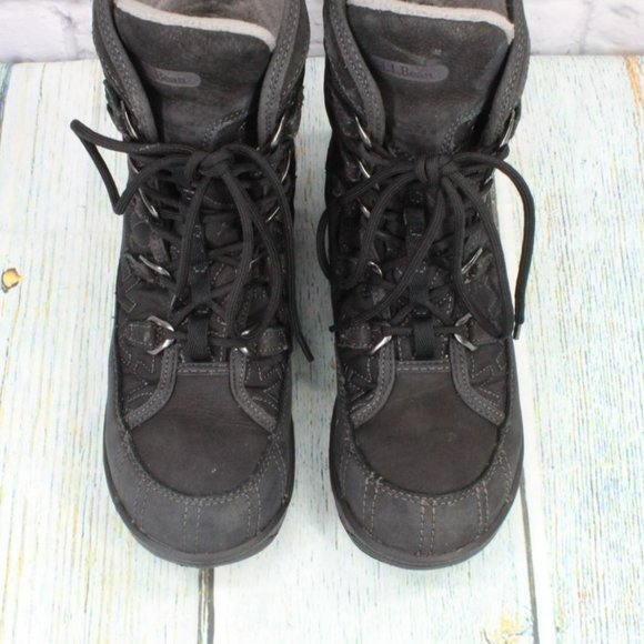 LL Bean Black Leather Lace Up Insulated Ankle Winter Boots Size 6.5 M - Picture 5 of 9